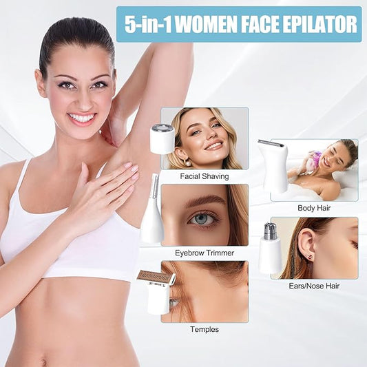 Women Face Epilator, 5 in 1 Epilator Hair Removal for Women, Electric Rechargeable Facial Hair Divice for Face,Lip,Chin with 5 x Replacement Heads, Nose Trimmer for All Skin Types