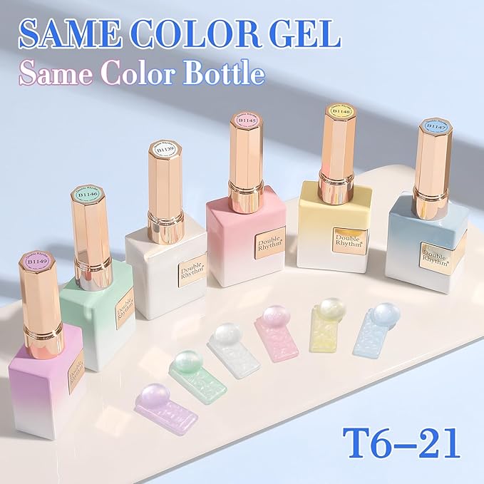 Double Rhythm 6 Pcs 15 ML Gel Polish Set Same Color Same Bottle Soak Off Gel Polish Kit Nail Art Manicure Salon DIY at Home for Women (Pearl Pink White Green Blue Purple-T6-21)