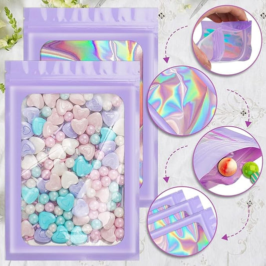 ANZNKU 100 Pcs Smell Proof Mylar Resealable Bags, Holographic Packaging Bags, Resealable Odor Foil Pouch Zip Bag with Clear Window for Food Storage and Lipgloss, Jewelry Lash (Purple, 5.5 x 7.9 Inch)