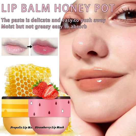 2 PCS Bee Lip Balm Honey Pot, Honey & Strawberry Lip Mask Overnight Propolis Moisturizing Lip Balm Hydrating Prevention Dry and Crack Lip Scrubs Exfoliator Lip Wrinkle Care (Honey&Strawberry)