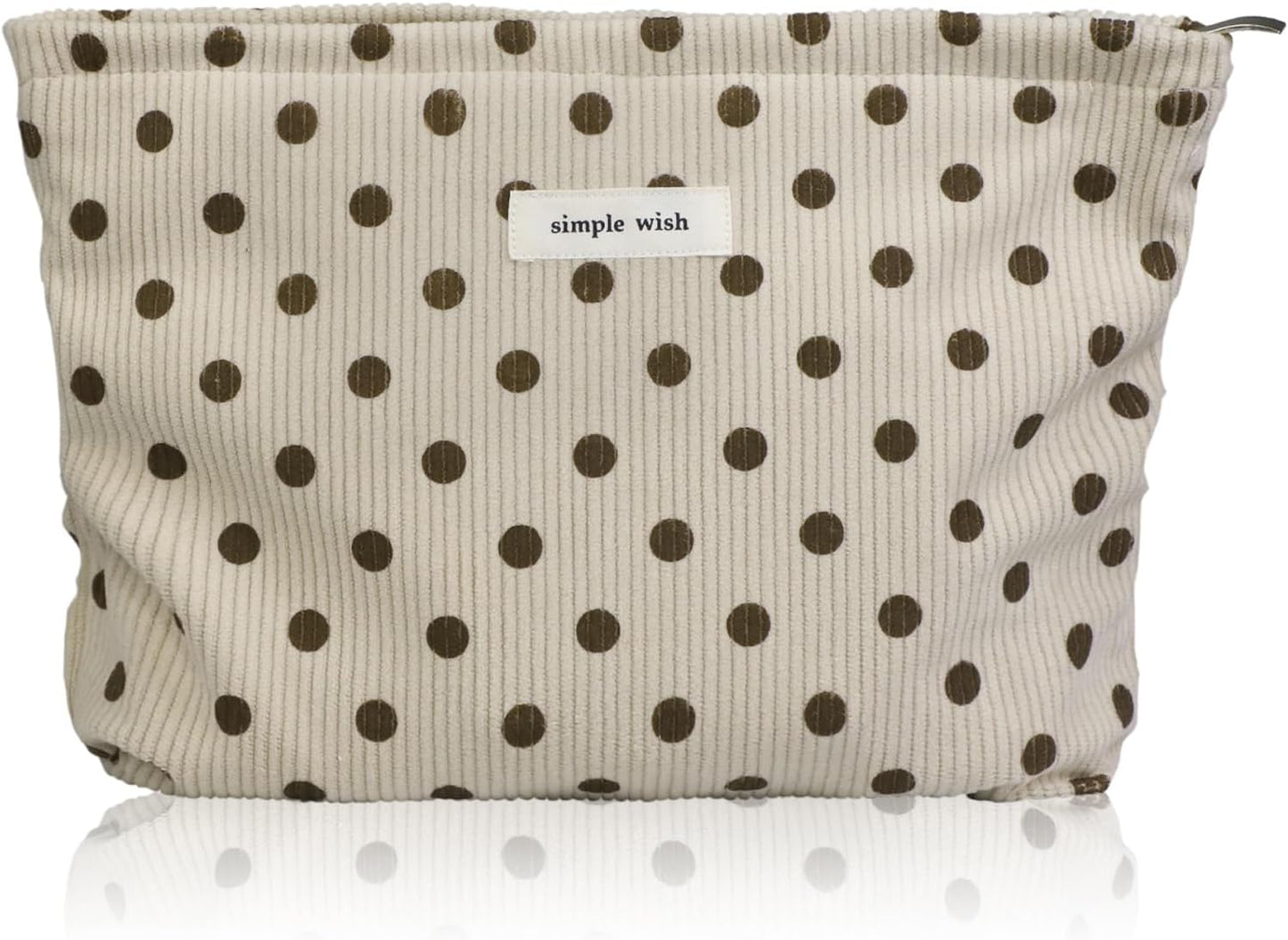 Wudygirl Makeup Bag Makeup Pouch for Women Corduroy Cosmetic Bag Portable Travel Toiletry Bag Large Capacity Make up Organizer with Zipper（Beige Polka Dot）