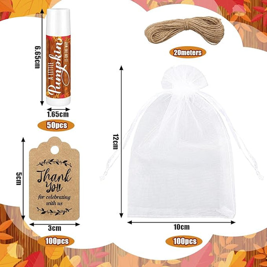 Demissle 50 Pcs Baby Shower Lip Balm Gift Set with 100 Pcs Organza Bags Baby Shower Party Favor for Guest Thank You Tag Rope Baby Shower Party Decoration Gender Reveal Souvenirs(Pumpkin)