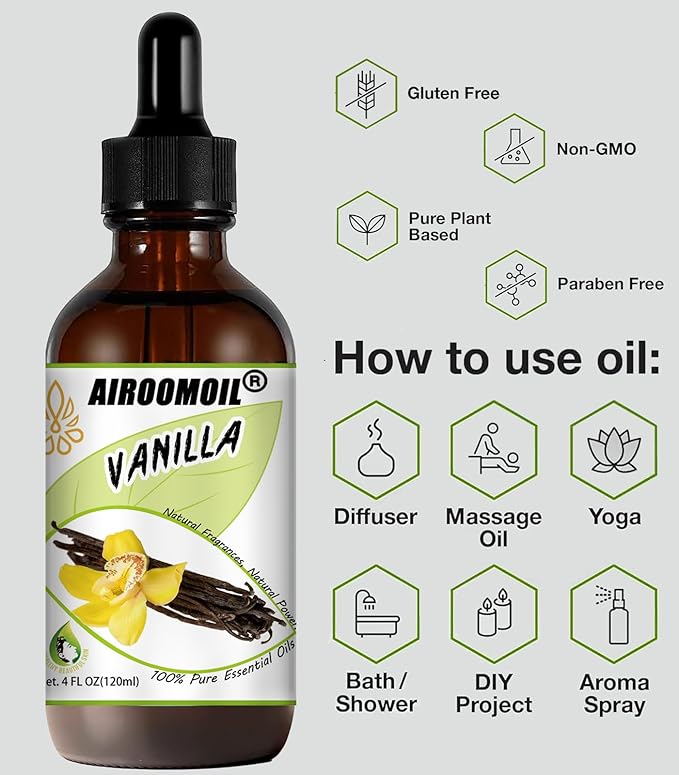 Vanilla Bean Essential Oil Warm Scented Oils Perfume Air Freshener Diffuser Candle Making Aroma Refill Wick Scent Skin Fragrance Oil 4 Fl Oz