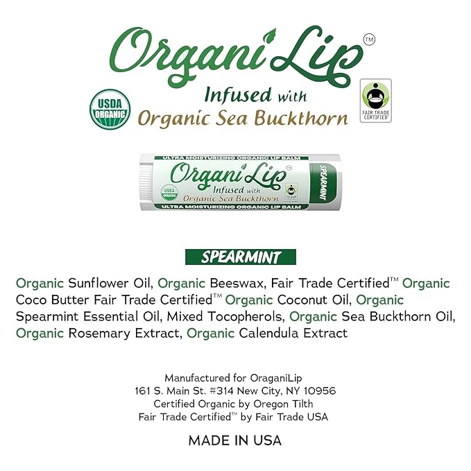 Organic Lip Balm, Spearmint Flavor, Ultra Hydrating Lip Moisturizer for Cracked or Dry Lips, Infused With Organic Sea Buckthorn, Oval Shaped Tube, USDA Certified Organic, 30 Pack