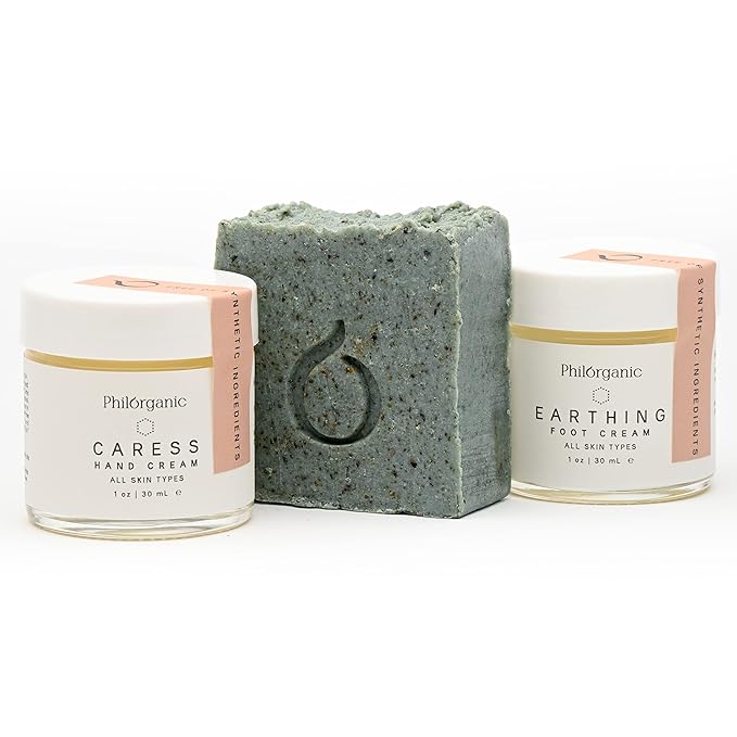 Philorganic Sustainable Body Care Care Kit- 3 Pc Organic Set- Hand & Foot Creams, Pumice Soap - Self-Care Spa Moment or Gift - Small Batch USA Made