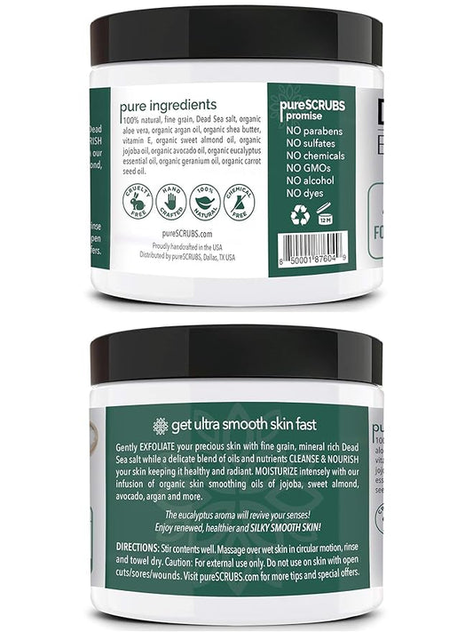 pureSCRUBS Premium Eucalyptus Body Scrub Set - Large 16oz Dead Sea Salt Body Scrub With Infused Essential Oils & Nutrients, Includes Wooden Spoon, Loofah & Oatmeal Exfoliating Bar Soap