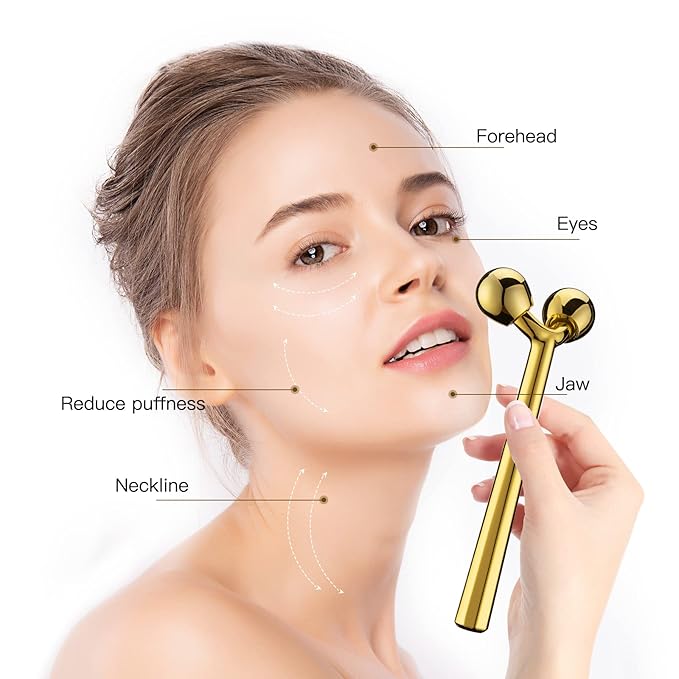 Tekson Facial Roller Massager, 3D Metal face Massage Tool for Eye Reduce Puffiness, Face Lift, Anti-Aging, Skin Tightening (Gold）