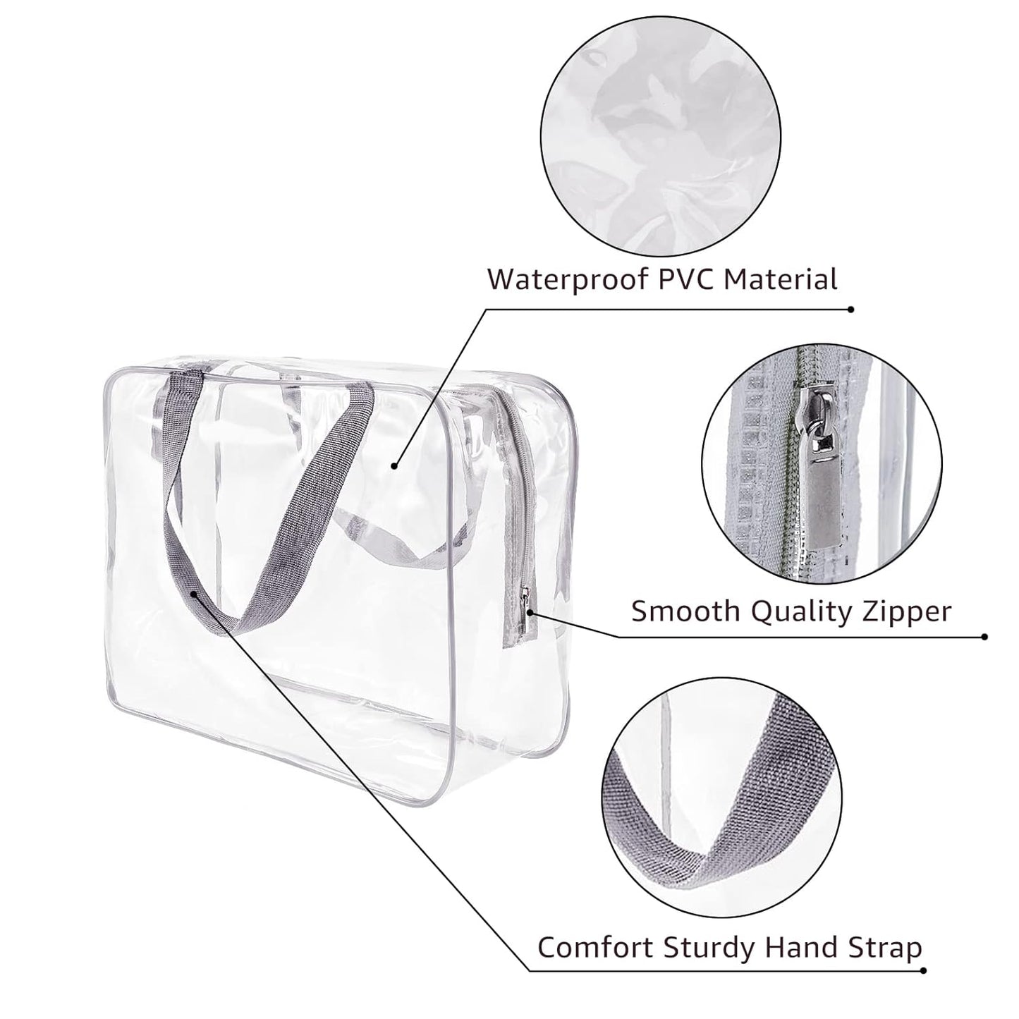 4Pcs Crystal Clear PVC Travel Toiletry Bag Kit for Women Men, Waterproof Vinyl Packing Organizer Storage Bags with Zipper Handle Straps, Cosmetic Pouch Carry on Airport Airline Compliant Bag Handbag