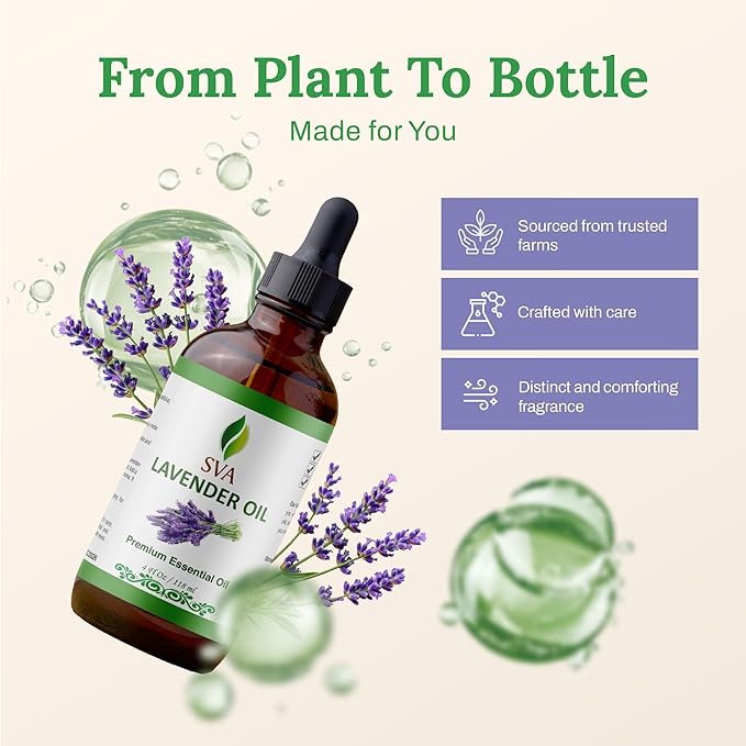 SVA Lavender Essential Oil – 4 Fl Oz – 100% Natural Lavender Oil - for Diffuser, Hair Care, Face, Skin Care, Aromatherapy, Scalp and Body Massage, Soap and Candle Making – with Dropper