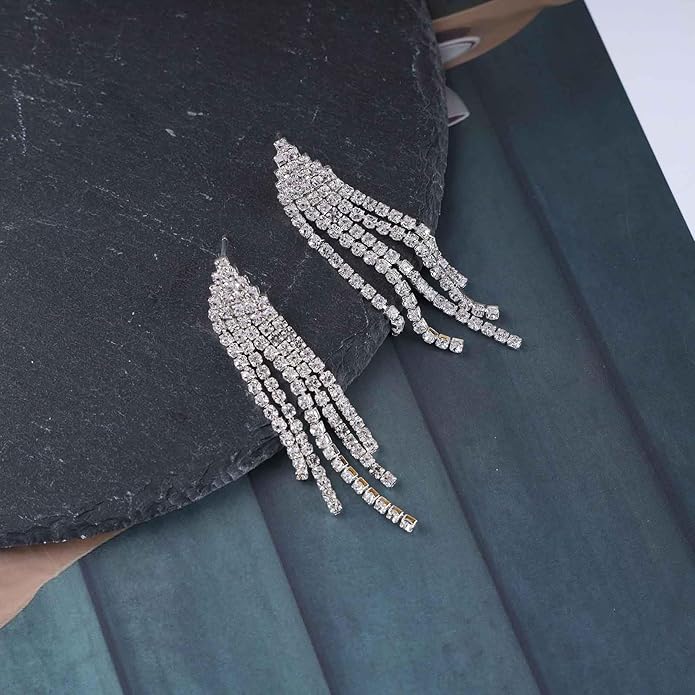 Vintage Rhinestone Chandelier Tassel Earrings Crystal Chain Drop Earrings Gold Long Tennis Chain Earrings Shine Chandelier Bridal Earrings Jewelry for Women