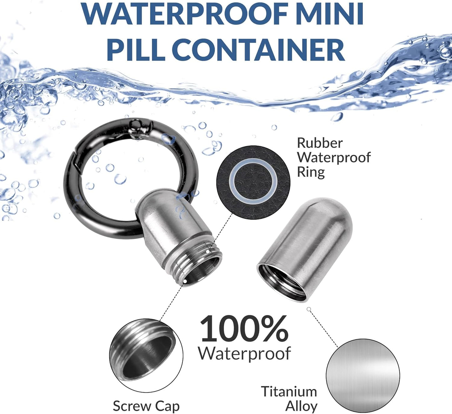 TISKY Small Keychain Pill Holder Titanium,Waterproof Tiny Pill Container with Keyring,Mini Portable Pill Case for Travel,Pill Organizer for Purse Pocket(Silver)