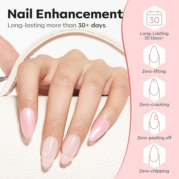 modelones Builder Nail Gel, 8-in-One Pink Shimmer Builder, Sparkle Glitter Pink Rubber Base Gel Polish LED Lamp Cured Hardener Color Base Strengthener Extension for Home DIY Salon Girls