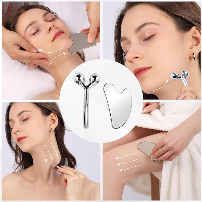 Face Massager, Metal Roller Gua Sha Facial Tools for Face Neck Eye Body Skin Care, Facial Roller Gifts for Her, Women and Girl 2Pcs