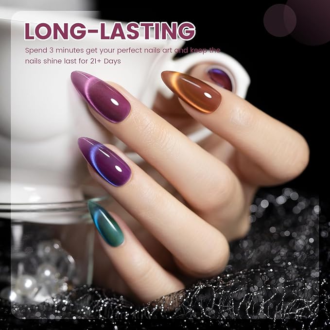 RARJSM Aurora Ceramics Glitter Glass Cat Eye Gel Nail Polish Set 6Pcs Pink Purple Brown Blue Green Shimmer Smoothie Cateye Colorful Galaxy Effect with Magnetic Stick UV LED Curing Require Home Salon