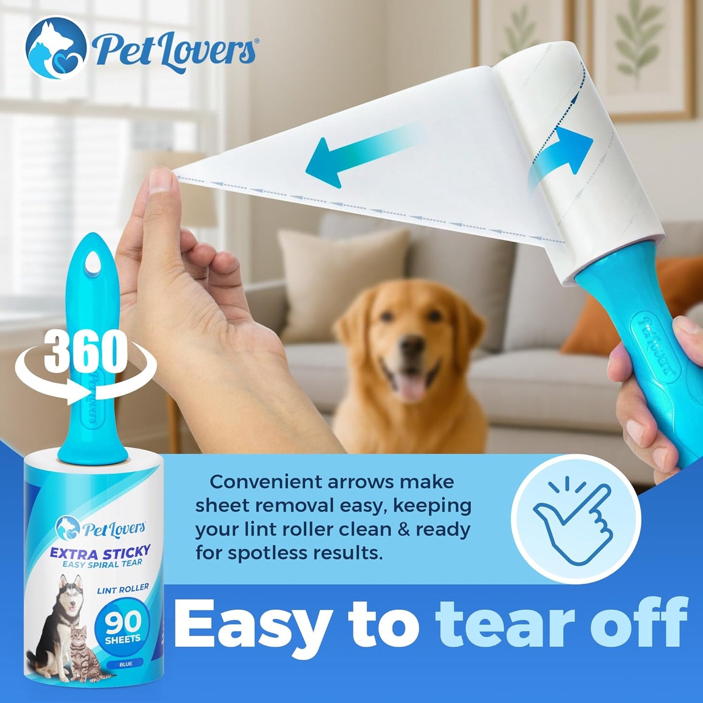 PetLovers Extra Sticky Lint Roller Mega Value Set 450 Sheets for Pet Hair Removal and Clothes, Dog and Cat Lint Remover 5 Pack Light Blue