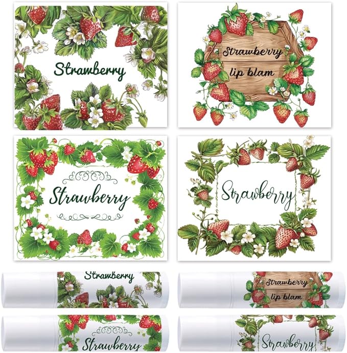 OLYCRAFT 100Pcs Self-Adhesive Lip Balm Tag Stickers 2.1x1.7 inch Waterproof Adhesive Label with Strawberry Rectangle Lipstick Tag Sticker for Lip Balm Container Tubes Lipstick Wrapping Decoration
