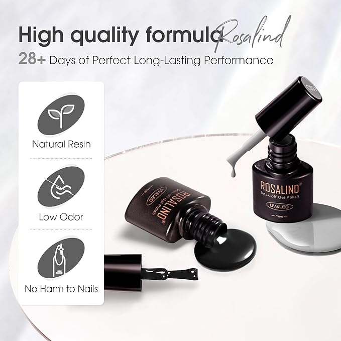 ROSALIND White Black Gel Nail Polish Set with Matte and Glitter Top Coat, 6 Colors Black Milky White Neutral Nude Grey Gel Nail Polish Soak Off Gel Nail art