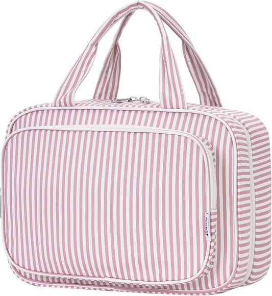 Narwey Striped Travel Toiletry Bag for Women Large Hanging Makeup Bag Organizer Toiletries Bag for Full Size Essentials Accessories Cosmetics (Dusty Pink Stripe (Large))