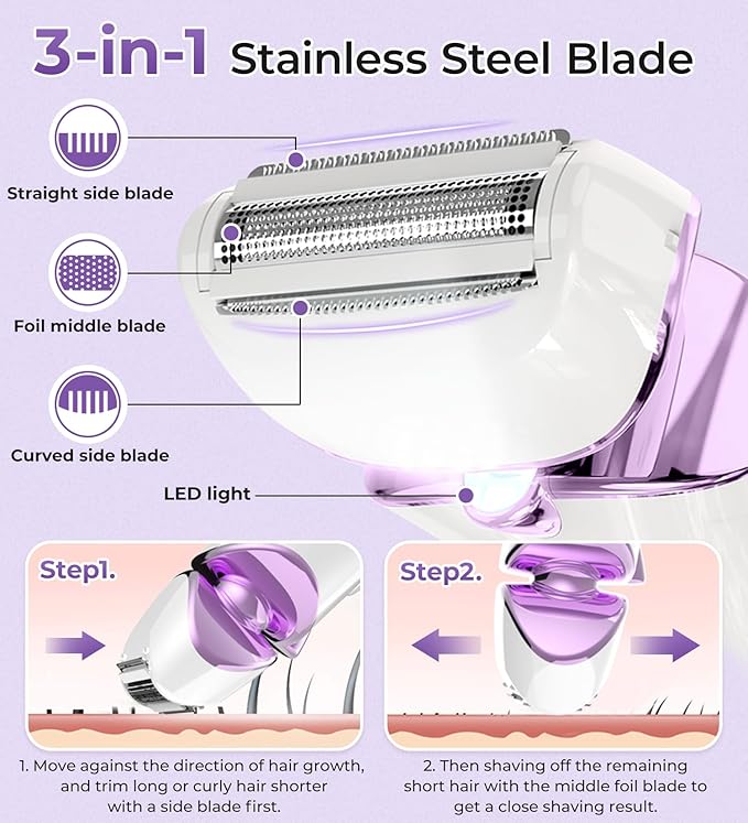 PRITECH Electric Shaver for Women - Cordless Razor for Women Portable Lady Shaver for Legs, Arm, Underarms, Bikini, USB Rechargeable, Wet & Dry Waterproof Bikini Trimmer for Woman, Purple