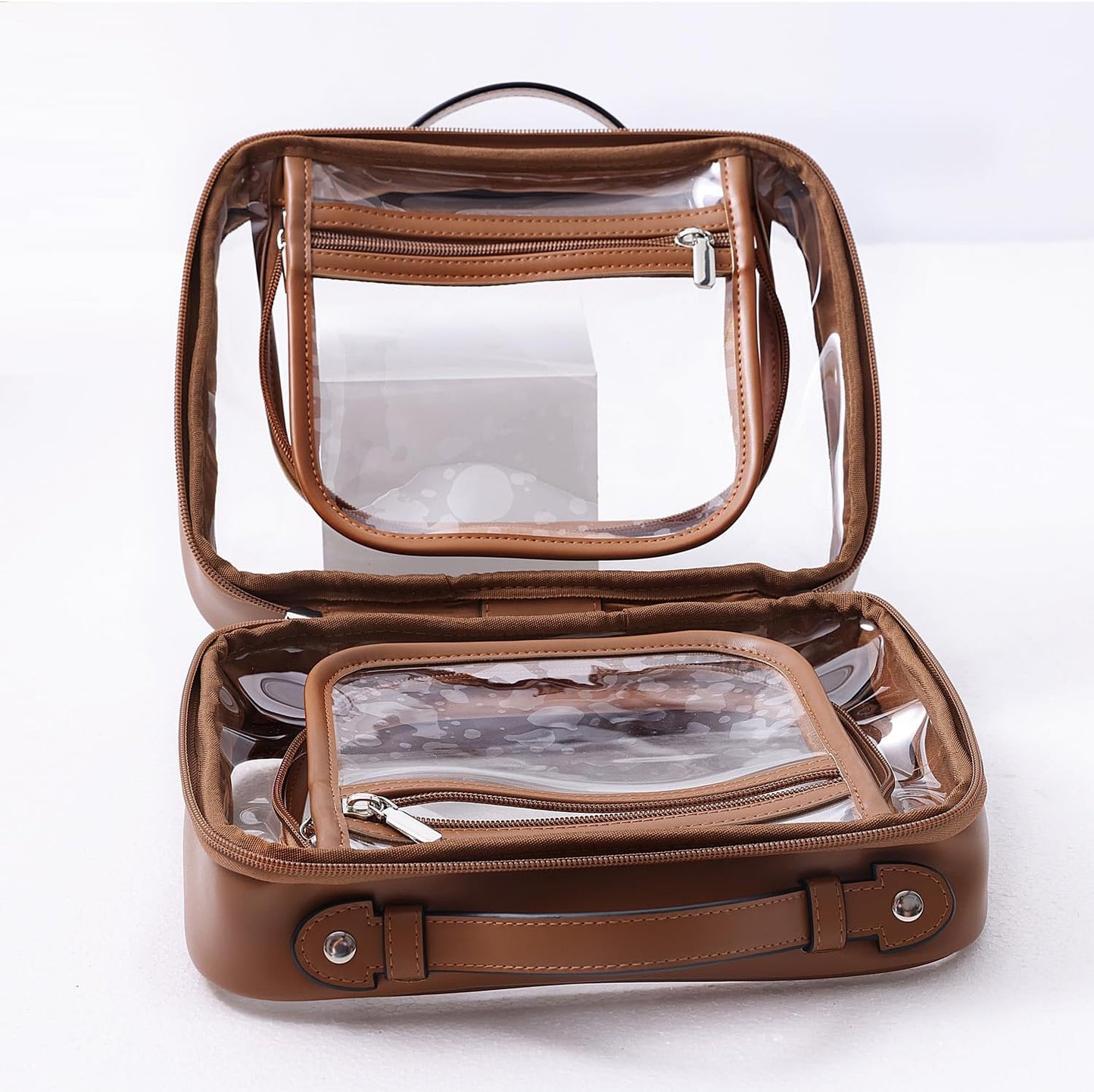 SANHECUN traveling toiletry Case large clear cosmetics case makeup bag Dimensions | LxWxH:10” x 4.5” x 7.5”(Brown, Medium)