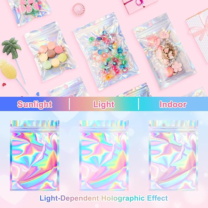 ANZNKU 100 Pack Mylar Bags Reasealable Holographic Bags, Smell Proof Bag Zipper Pouches with Clear Window, Jewelry Candy Sealable Bag for Packaging Sample Party Favor (4.7 x 7.9 Inch)