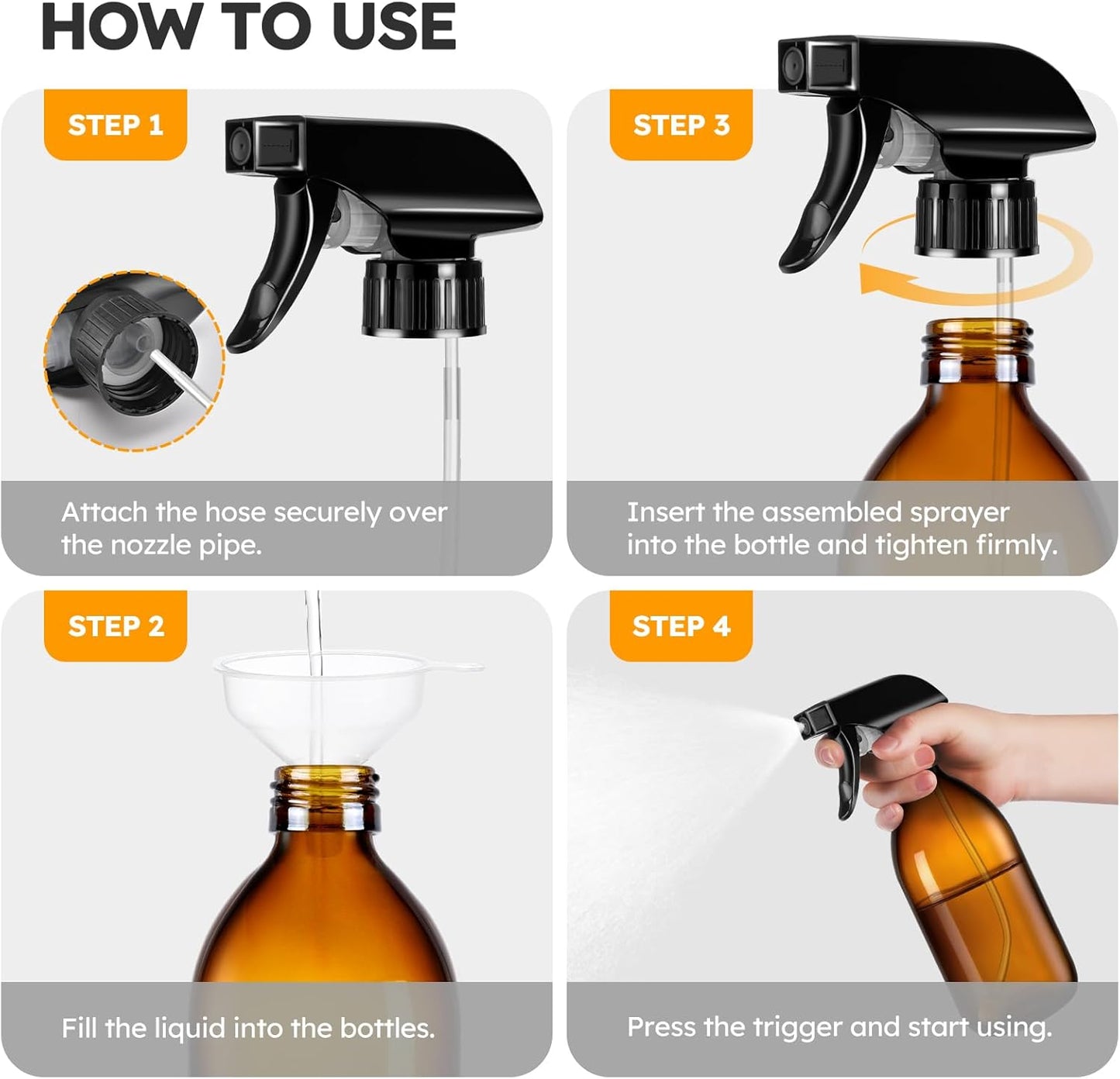 Tecohouse 2 Pack Amber 360° Glass Spray Bottles Clear, 16 oz Empty Refillable Containers with Adjustable Spray Nozzles, Spray Bottles for Cleaning Solutions and Plants