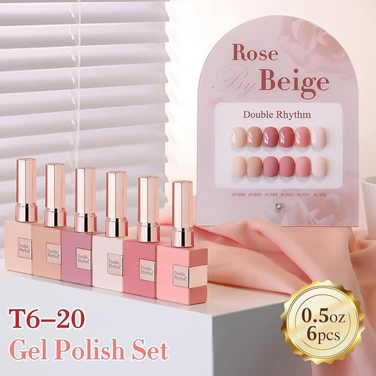 Double Rhythm 6 Pcs 15 ML Gel Polish Set Same Color Same Bottle Soak Off Gel Polish Kit Nail Art Manicure Salon DIY at Home for Women (Rose Beige Nude Cream Rose Coral-T6-20)