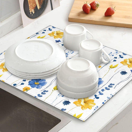 Navy Blue Yellow Flower Dish Drying Mat for Kitchen Counter Watercolor Floral Decorative Dish Drainer Rack Mats 16"x18" Absorbent Reversible Drying Pad