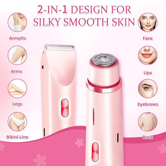 Bikini Trimmer for Women, 2 in 1 Electric Razors for Women, Dermave Bikini Shaver, IPX7 Waterproof & Easy Cleaning, Ceramic Blade, 120 Min Cordless Runtime, Ultra Low Silent (Pink).