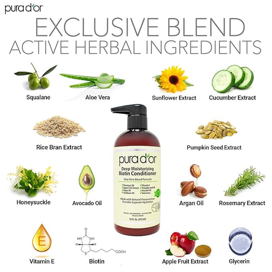 PURA D'OR Deep Moisturizing Biotin Conditioner Thickens, Softens, & Moisturizes Dry, Frizzy, Damaged Hair w/Argan Oil, Pumpkin, Rosemary, Honeysuckle, Vitamin E, Men & Women, 16oz