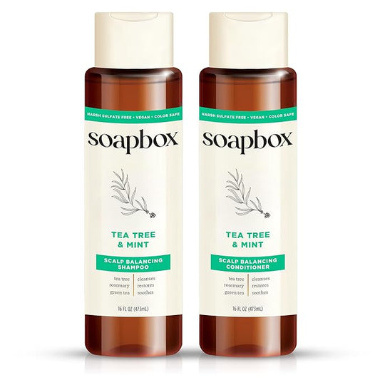 Soapbox Tea Tree Shampoo and Conditioner Set, Scalp Balancing with Tea Tree Oil, Jojoba Oil, Aloe and Shea Butter to Clean and Purify for All Hair Types, 16 Ounces Each (Pack of 2)