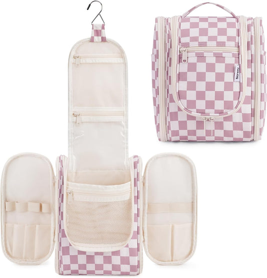 Narwey Small Checkered Hanging Travel Toiletry Bag for Women, Travel Bag for Toiletries, Makeup Bag Organizer Cosmetic Bags Make Up Bags for Women (Dusty Rose Checkerboard)