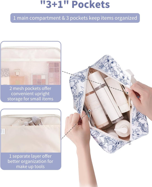 Full Size Toiletry Bag Women Large Cosmetic Bag Travel Makeup Bag Organizer Medicine Bag for Toiletries Essentials Accessories (Navy Blue Flower, Large)