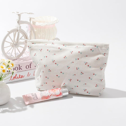 Cosmetic Bags for Women - Corduroy Cosmetic Bag Aesthetic Women Handbags Purses Smile Dots Makeup Organizer Storage Makeup Bag Girls Case Bags (Flowers-Cherry)