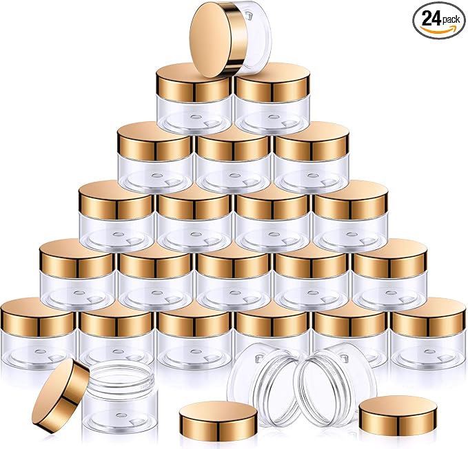 SATINIOR 24 Pieces Empty Clear Plastic Jars with Lids Round Storage Containers Wide-Mouth for Beauty Product Cosmetic Cream Lotion Liquid Butter Craft and Food (Gold Lid,1 oz)