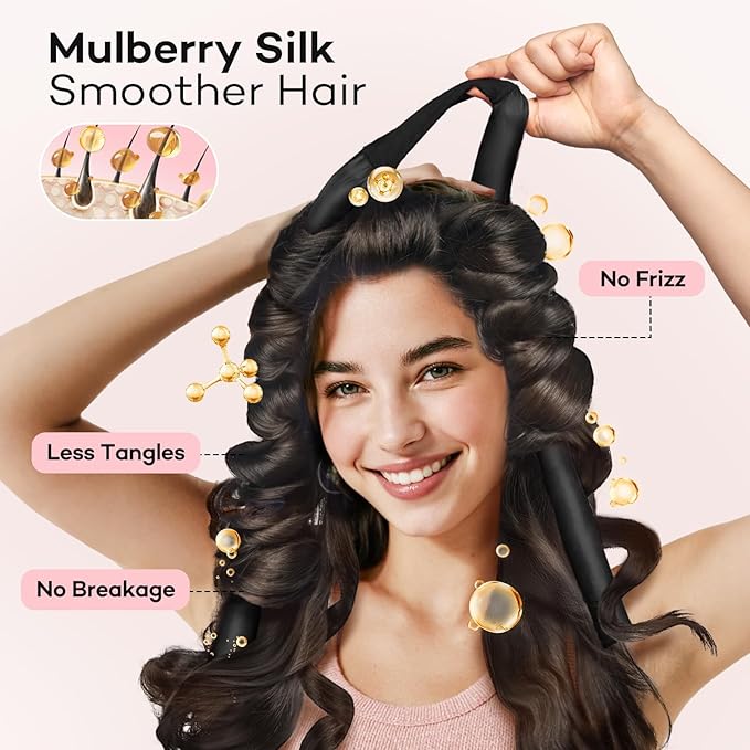 Umisleep 22 Momme 100% Mulberry Silk Heatless Hair Curler Set — Frizz-Free Hair Rollers for Women Long Hair, Overnight Heatless Curls, Upgraded Soft Flat Design with Clips & Scrunchies, Black