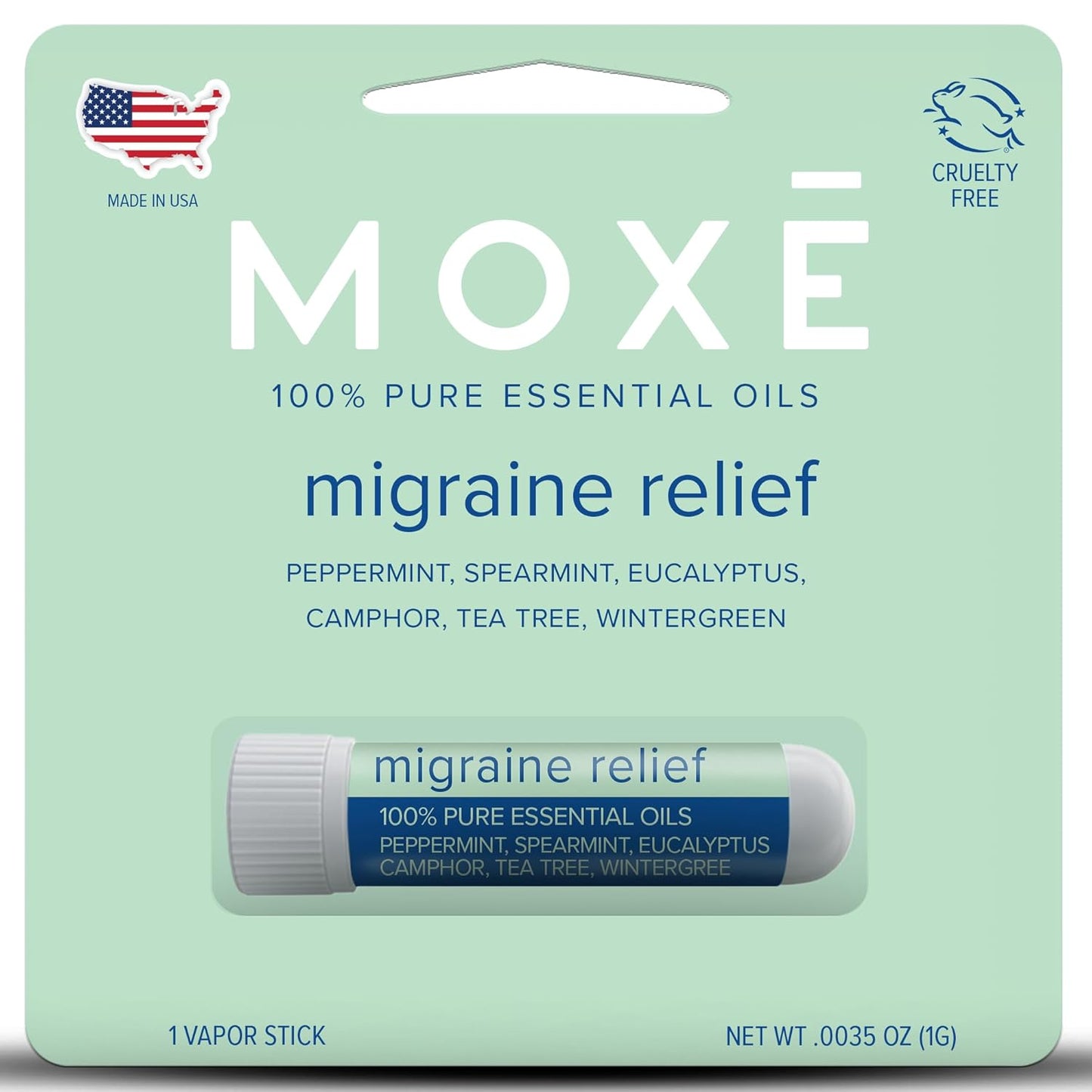 MOXE Migraine Relief Nasal Inhaler, Essential Oils for Headaches & Tension Relief, Portable Aromatherapy, Easy-to-Use, Pure & Undiluted, Peppermint, Spearmint, Eucalyptus, Tea Tree, USA Made, 1 Pack
