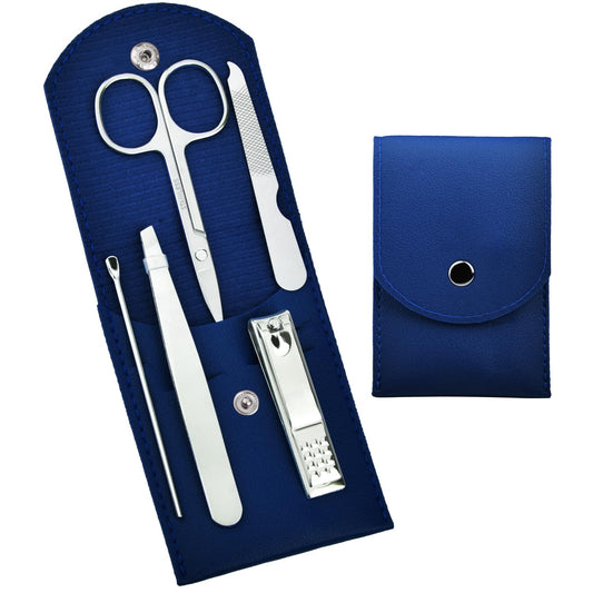 Travel Manicure Set Professional Nail Clipper Kit-5 Pieces Stainless Steel Manicure Kit, Women Men Grooming kit With Nail Care Tools Beauty Scissors Tweezers (Silver Blue)