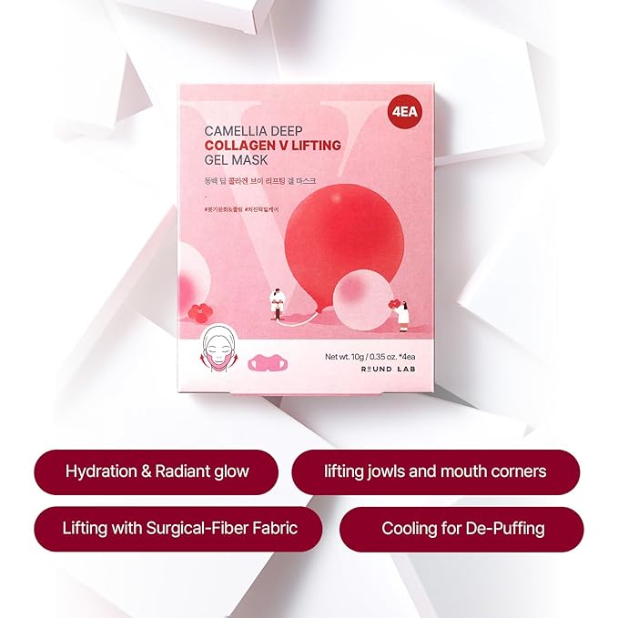 ROUND LAB Camellia Deep Collagen V Lifting Gel Mask 4EA | Double-chin Mask, Instant Cooling & Depuffing, Face Toning Belt, Collagen V-line, Improves Sagging Skin, Lifting & Firming 10g/0.35oz