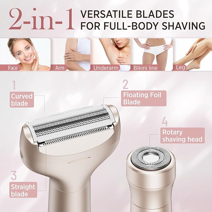 Electric Razor for Women Body: Rechargeable Painless Electric Shaver for Bikini Face Body Legs Underarms - 3-in-1 Blade and Rotary Shaving Head (Honey Gold)