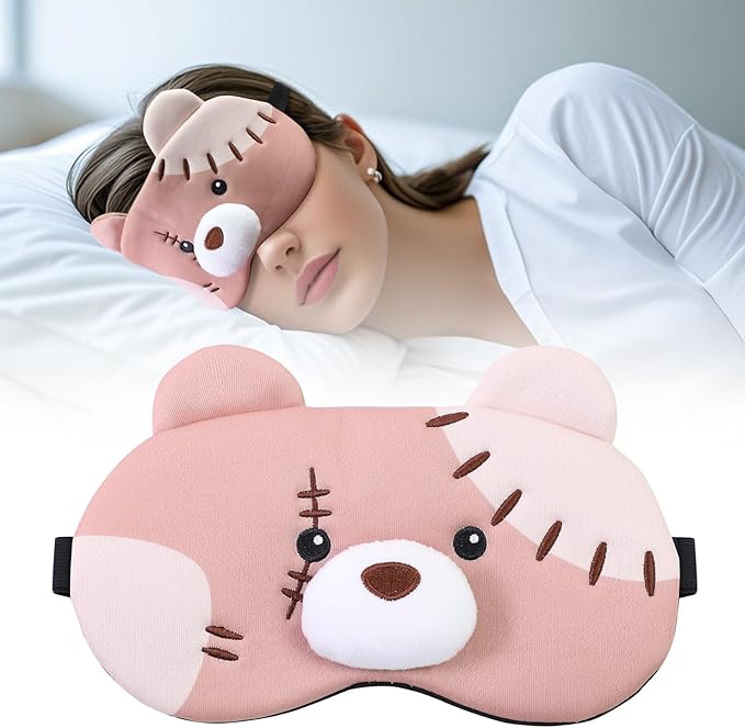 PERFECTSIGHT Sleep Eye Masks, Cute Plush Sleep Eye Cover Lightweight Adjustable Eyeshade Faux Fur Mask Cover for Women Men Kids Sleep Travel Nap, Big Eye Girl, Purple Nose, Brown Pudding Bear