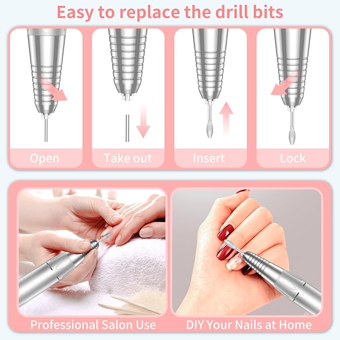 Portable Nail Drill Professional 35000 RPM, MOCOWIND Rechargeable Electric Nail File Machine for Acrylic Nails Gel Polishing Removing, Cordless E-File with Bits Kit for Manicure Salon Home, White