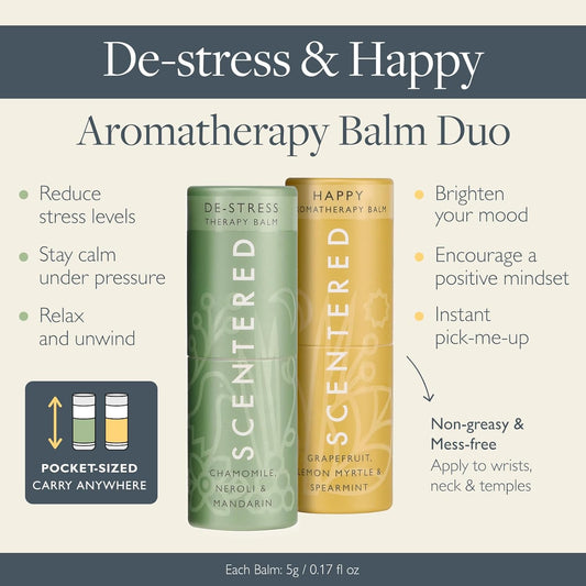 Scentered Aromatherapy Balm Stick Duo for Stress Relief & Positivity - Roll On Essential Oil Blends of Grapefruit, Lemon, Chamomile - Aromatherapy Gifts for Women - De-Stress & Happy