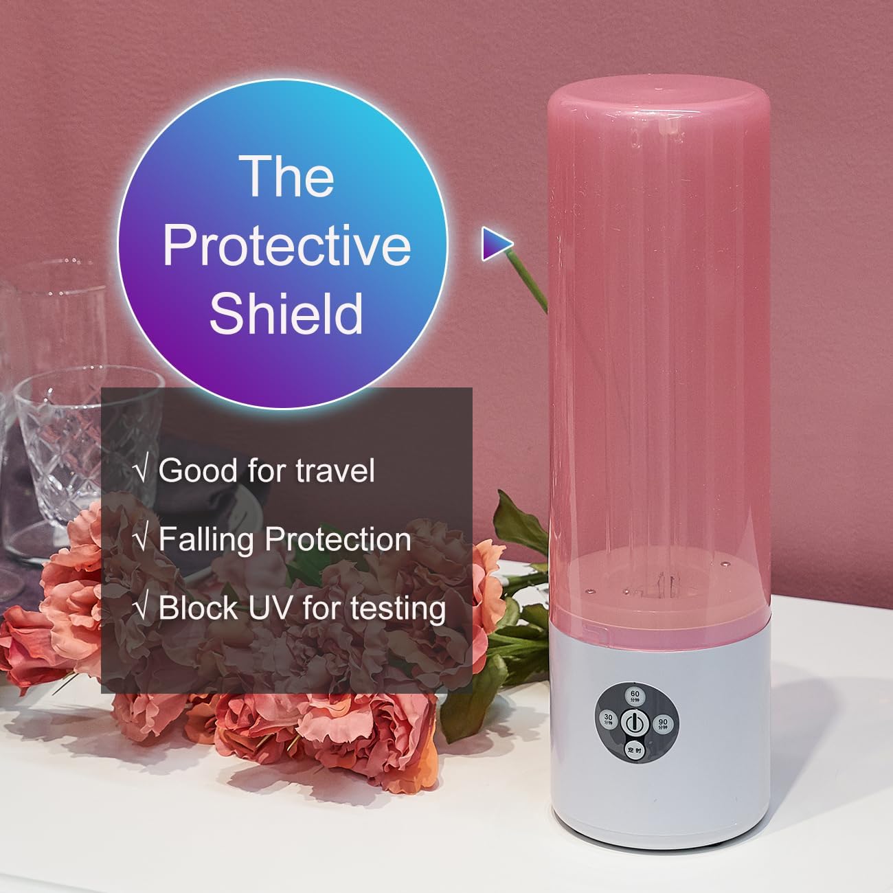 UV Light Sanitizer, 55w 254nm UVC Lamp for Room Surface Disinfection up to 750 sqft, Home/School/Hotel/Travel, Kills Bacteria/Molds/Dust Mites, 1Y warranty (Pink With Ozone)