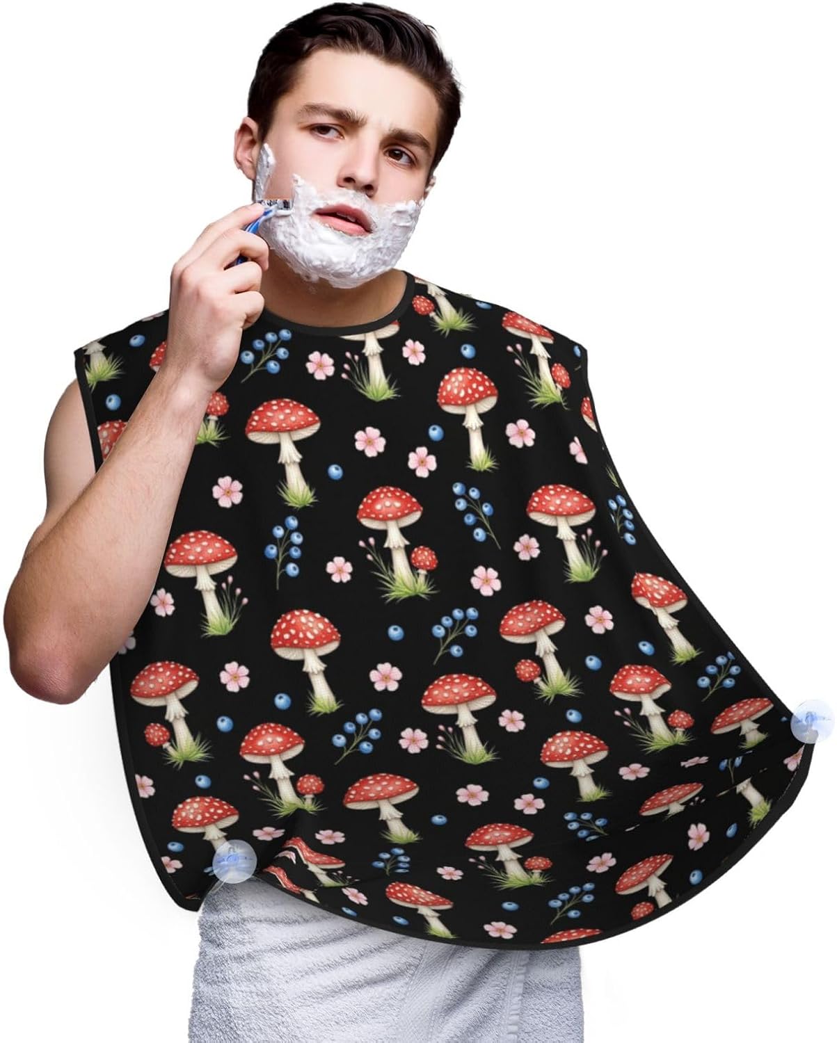 Beard Apron Hair Catcher, Black Red Mushrooms Floral Shave Bib, Waterproof Non-Stick Shaving Bib, Trimming Grooming Tool for Dad Men Anniversary