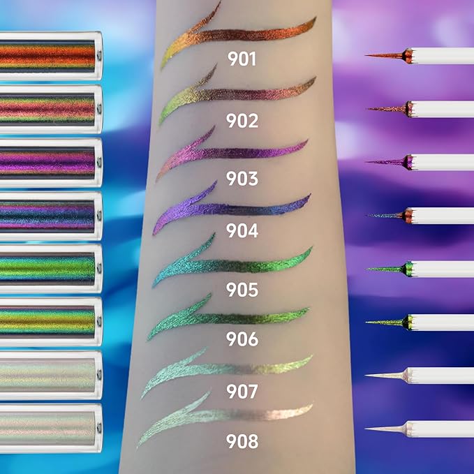 CHARMACY Chameleon Eyeliner Liquid Liner, Glitter liquid eyeliner waterproof, Metallic Intense Color Shifting Colorful Eyeliner, Long wearing,Ultra-Fine Tip Smudge-proof,YELLOW GREEN INDIGO 906