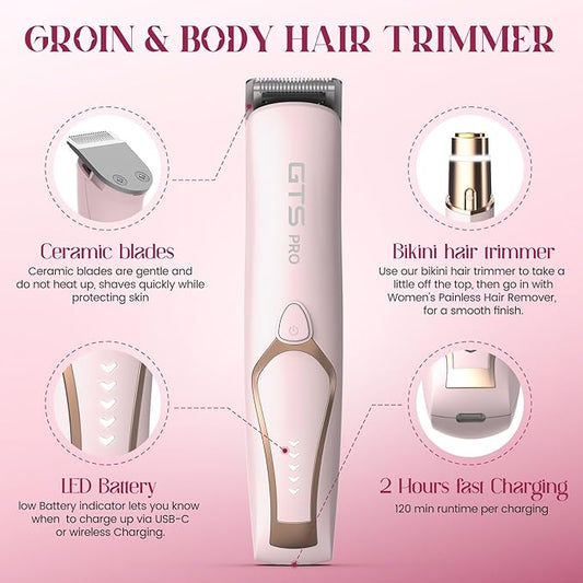 Bikini Trimmer for Women Electric Razor 2 Pack Dual Head Body & Facial Hair Remover -Waterproof USB Rechargeable with Replacement Ceramic Blades, Travel Pouch & Packaging Box(Pink)
