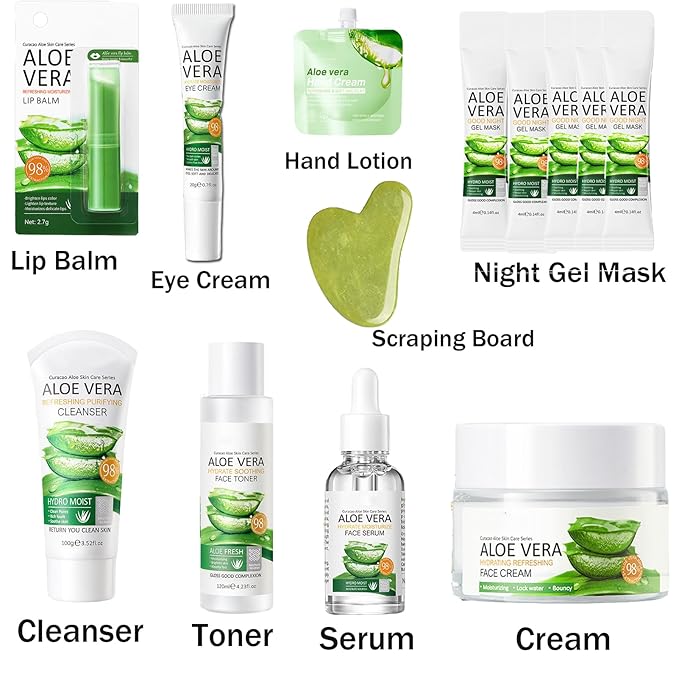 Skin Care Gift Set, 13Pcs Skin Care Set with Massage Board, Aloe Vera Facial Kit for Women, Daily Skin Care Kit for All Skin Types, Skin Care Routine Kit for Women, Face Skin Care Bundle