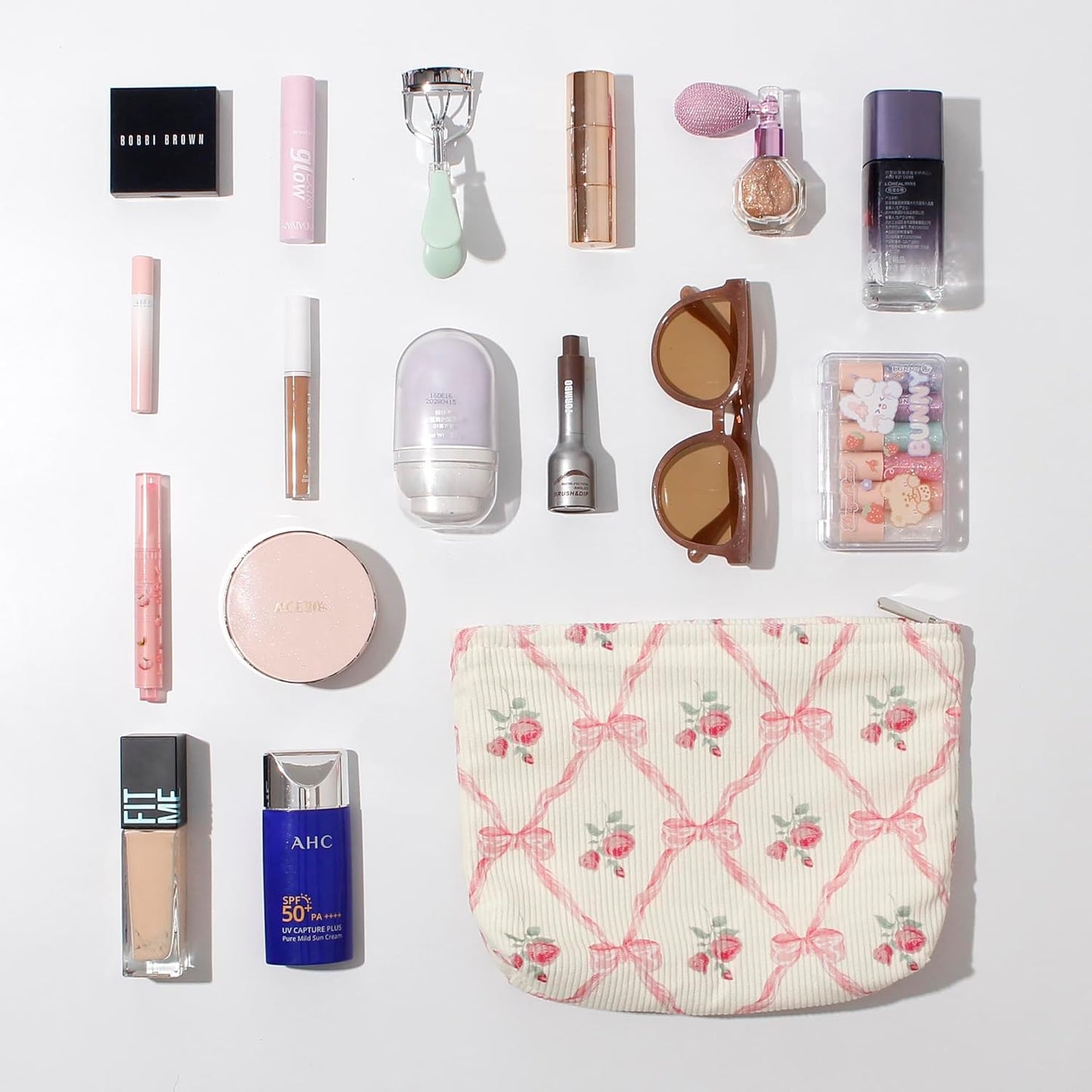 Cosmetic Bags for Women - Corduroy Cosmetic Bag Aesthetic Women Handbags Purses Smile Dots Makeup Organizer Storage Makeup Bag Girls Case Bags (Flowers-Pink strawberry)