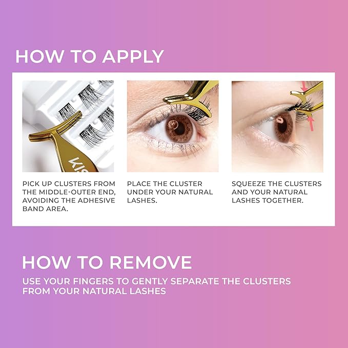 KISS imPRESS Falsies Press On Self Adhesive Eyelashes, 12mm-14mm Natural Volume Press On Lashes, Black, No Glue Needed, Invisible Band, 20 Lash Clusters & Non-Stick Applicator - Natural